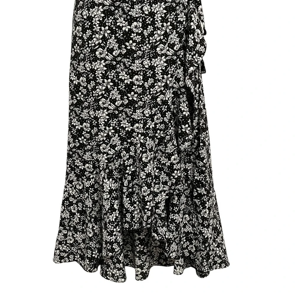 Max Studio Wrap Dress Womens Small Black Floral Dot Ruffle High Low Cottagecore - Picture 7 of 14